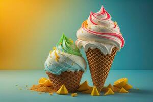Ice cream in waffle cone on blue background, top view, flat lay. ai generative photo