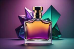 Creative and brandless Perfume bottle and flower on the wooden table, closeup. ai generative photo