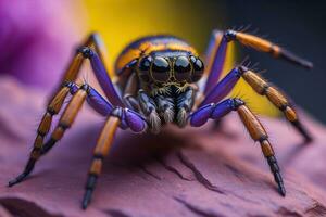 jumping spider closeup on solid color background, copyspace. ai generative photo