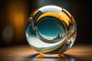 Transparent crystal ball on a wooden table. ai generative photo