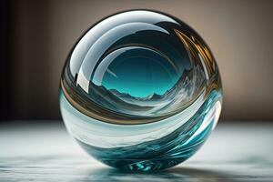 Transparent crystal ball on a wooden table. ai generative photo