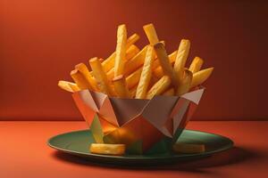 Golden French fries in a plate, top view. ai generative photo