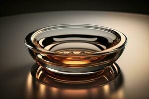 Empty glossy transparent ashtray on a dark background. ai generative photo