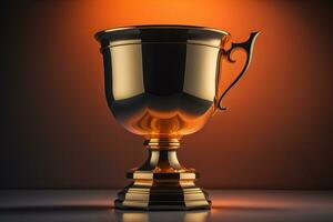 Golden trophy cup on wooden table. Award concept. ai generative photo