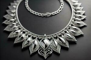 Silver necklace on a solid color background in close-up. ai generative photo