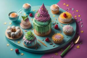 Homemade cakes on a solid colors background, top view. ai generative photo