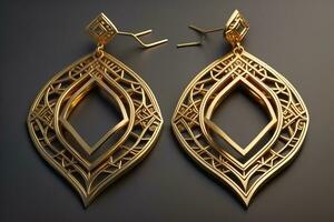 Earrings made of gold on a solid color background close up. ai generative photo