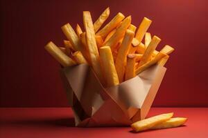 Appetizing french fries on the wooden table, close-up photo