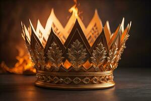 low key image of beautiful golden queen, king crown. ai generative photo