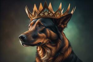 retrato de un linda perro en un dorado corona en un sólido color antecedentes. ai generativo foto