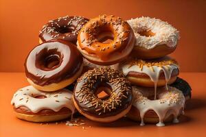 Variety of donuts on a solid color background. Top view. ai generative photo