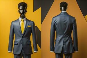 Stylish suits on mannequins on solid color background, closeup. ai generative photo