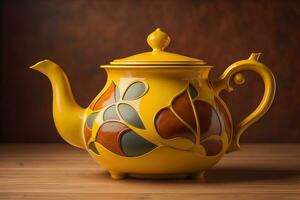 A ceramic teapot on a colid color background. ai generative photo