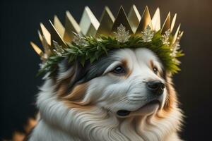 retrato de un linda perro en un dorado corona en un sólido color antecedentes. ai generativo foto