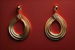 Earrings made of gold on a solid color background close up. ai generative photo