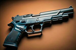 Semi-automatic handgun on a solid color background. Close-up. ai generative photo
