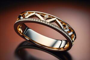 Wedding ring with diamonds on a solid color background. Jewelry. ai generative photo