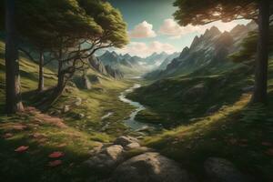 Beautiful fantasy landscape with a river in the mountains. ai generative photo