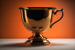 Golden trophy cup on wooden table. Award concept. ai generative photo