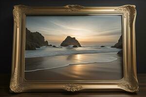 Glass picture frame on a solid color background. ai generative photo