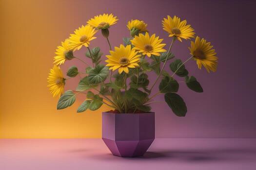 Flowers in a pot on a solid color background. ai generative photo