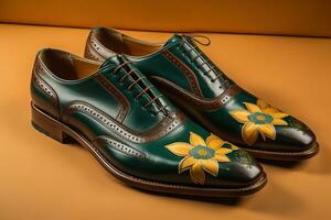 Men's shoes on a solid colour background. Studio shot. ai generative photo