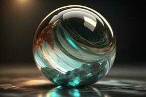 Transparent crystal ball on a wooden table. ai generative photo