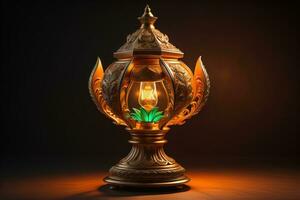 Lantern on a wooden table and a dark background. ai generative photo