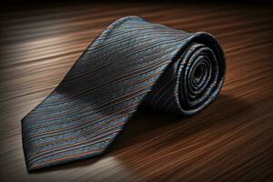 a necktie on a wooden background with reflection. ai generative photo