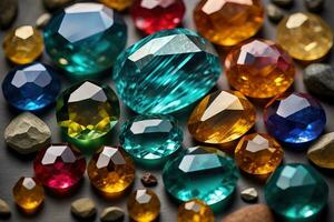 Colorful gemstones on black wooden table, close-up. ai generative photo