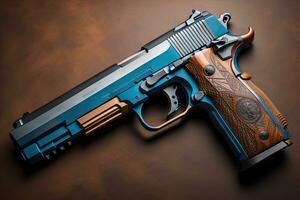 Semi-automatic handgun on a solid color background. Close-up. ai generative photo