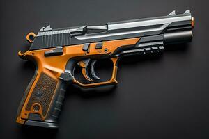 Semi-automatic handgun on a solid color background. Close-up. ai generative photo