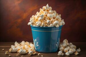 Popcorn in a paper box on a solid color background. ai generative photo