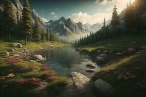 Beautiful fantasy landscape with a river in the mountains. ai generative photo