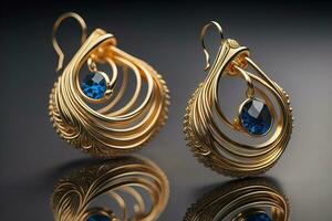 Earrings made of gold on a solid color background close up. ai generative photo