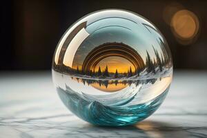 Transparent crystal ball on a wooden table. ai generative photo