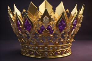 low key image of beautiful golden queen, king crown. ai generative photo