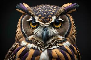 Owl with yellow eyes on a solid background. ai generative photo