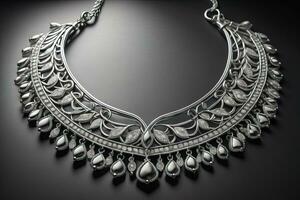 Silver necklace on a solid color background in close-up. ai generative photo
