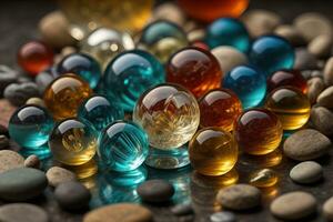 Colorful glass marbles on a the table. Selective focus. ai generative photo