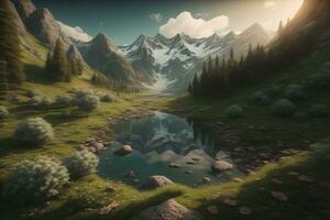 Beautiful fantasy landscape with a river in the mountains. ai generative photo