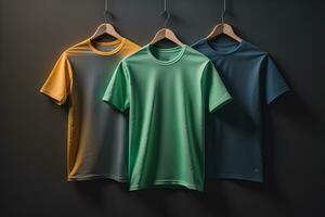 Colorful t-shirts in front of dark background. ai generative photo