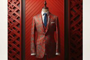 Stylish suits on mannequins on solid color background, closeup. ai generative photo
