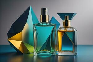 Creative and brandless Perfume bottle and flower on the wooden table, closeup. ai generative photo