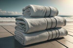 Towels on a wooden table in a bathroom. ai generative photo