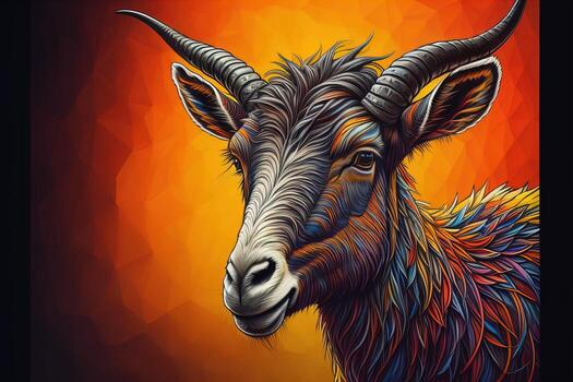 Head of a goat with big horns. ai generative photo