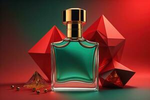 Creative and brandless Perfume bottle and flower on the wooden table, closeup. ai generative photo