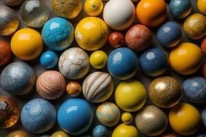 Colorful Variety of marbles as a background, top view, close up. ai generative photo