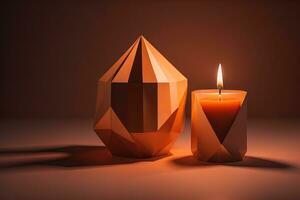 Burning aroma candle on wooden table against solid color background, copyspace. ai generative photo