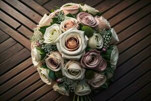 Beautiful bridal bouquet of different flowers on a dark background. ai generative photo